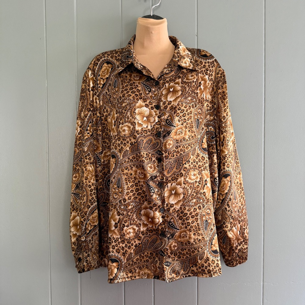 BonWorth Button-Up Leopard Floral Paisley Blouse XL‎ Vintage Made in Korea